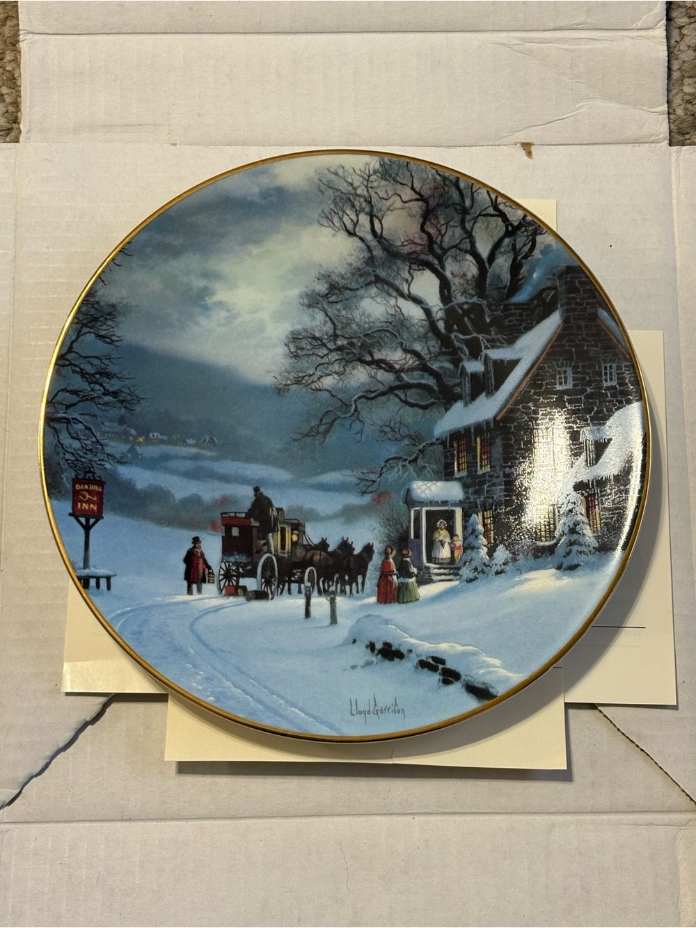 Hand-Painted Winter Village Decorative Plate - Blue with Gold Rim